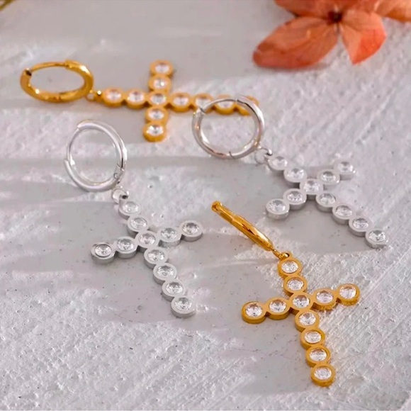 Anthropologie Cross Stainless Steel Crystal Waterproof Earrings - Picture 2 of 4